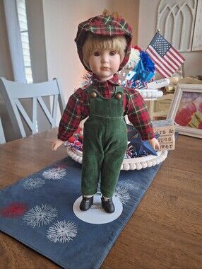 Vtg Boy Porcelain Doll Heritage Mint Collection 1989 W/stand 15" Green Overalls